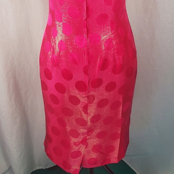 Pink Polka Dot Metalic Gold Silk Vtg Dress XS - Picture 10 of 11